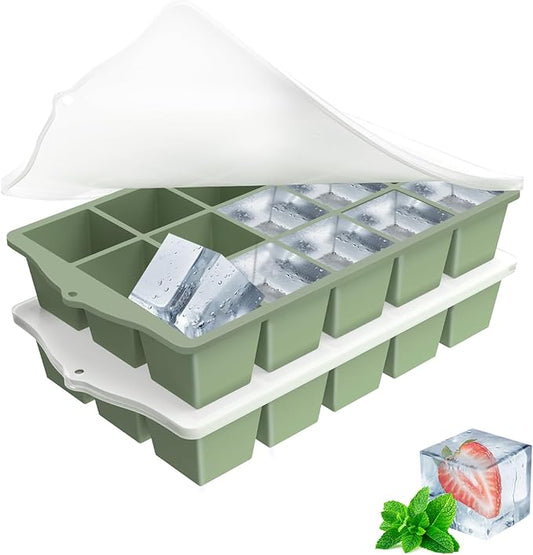 Ice Cube Trays for Freezer, 2 Pack Easy Release Slicone Ice Cube Tray with Lid, BPA Free Stackable Flexible Ice Molds 15 Square Reusable Ice Cubes for Whiskey, Baby Food, Iced Coffee (Green) by Unknown