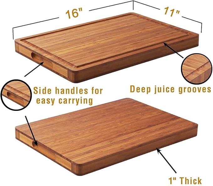Allsum Bamboo Wood Cutting Board for Kitchen, 1" Thick Butcher Block, Cheese Charcuterie Board, with Side Handles and Juice Grooves, 16x11" - Image 6