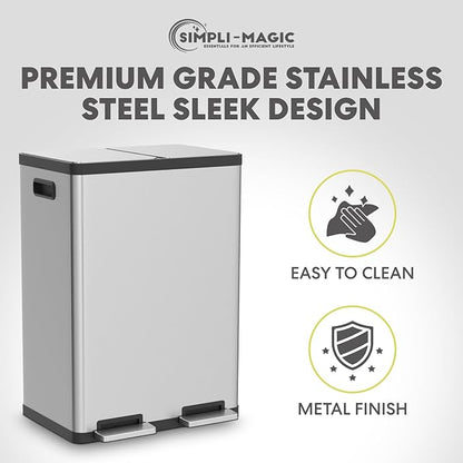 Simpli-Magic 16 Gallon (60L) Step Trash Can – Dual Compartment Kitchen Garbage Can with Waste & Recycling Bins – Slow-Close Lid, Odor Control, Hands-Free, Inner Bases, Premium Stainless Steel - Image 8