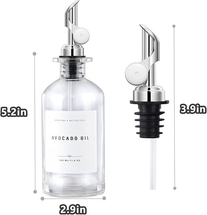 Olive Oil Dispenser Bottle Set with Bamboo Tray, Silver Classic Oil Dispenser, 2 x 350ML Glass Bottles, Weighted Metal Pourers, Kitchen Storage & Dispensing - Image 6
