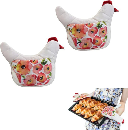 Farmhouse Chicken Oven Mitts Set of 2, Heat Resistant Quilted Pot Holders Kitchen Gloves Rustic Farmhouse Kitchen Decor, Cute Chicken Lover Gift for Cooking & Baking