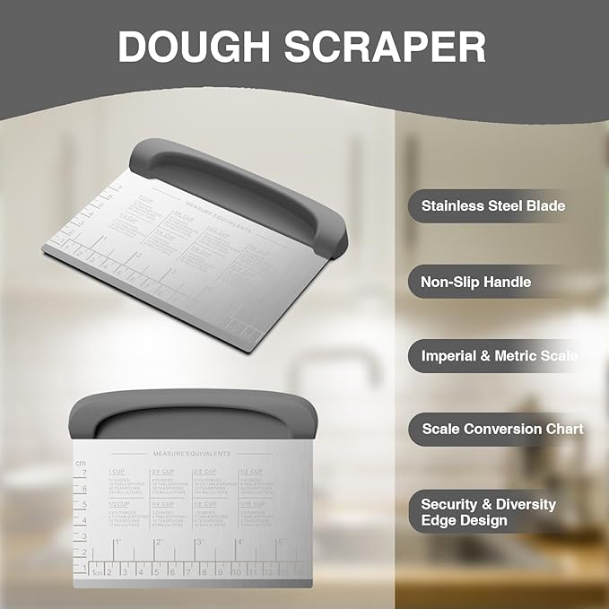 Bench Scraper Dough Cutter Tool - Pastry Scraper for Bread Cake Pizza, Bench Knife Kitchen Dough Scraper for Baking, Stainless Steel Food Scraper with Grip Handles & Measuring Scale, Grey - Image 2