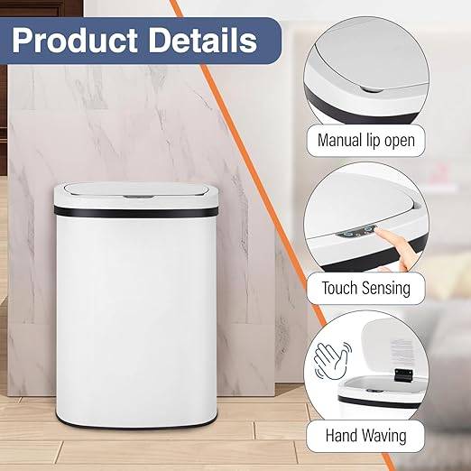 PayLessHere | 13 Gallon Stainless Steel Trash Can | White | Automatic Touchless Lid with Motion Sensor | Kitchen Garbage Can with Waterproof Design | for Home, Office, Bathroom | Pack of 1 - Image 3