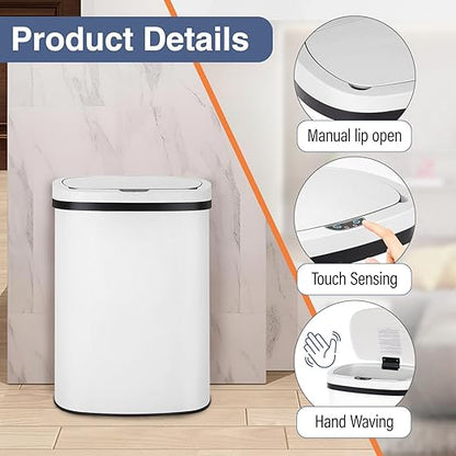 PayLessHere | 13 Gallon Stainless Steel Trash Can | White | Automatic Touchless Lid with Motion Sensor | Kitchen Garbage Can with Waterproof Design | for Home, Office, Bathroom | Pack of 1 - Image 3