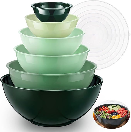 LemonRoad 6 Pcs Plastic Mixing Bowl Set with Lids Colorful Serving Bowl Nesting Storage Bowls for Kitchen, Baking, Prepping, Cooking and Serving Food, Dishwasher & Microwave Safe(Green)