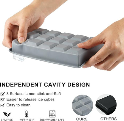 Premium Silicone Ice Cube Trays with Lid - 15 Large Square Ice Cubes for Whiskey, Cocktails, Coffee & More - BPA Free, Stackable, Easy Release & Dishwasher Safe - Gray-2pack