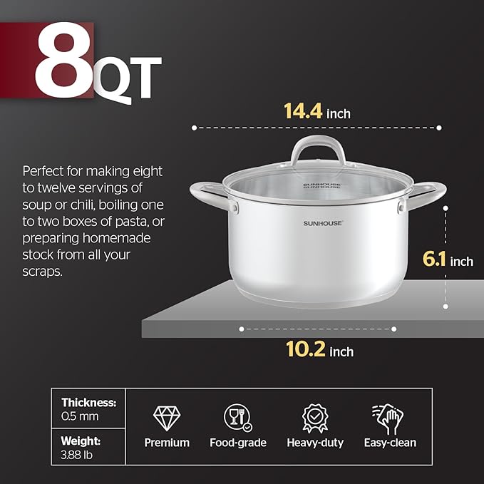 SUNHOUSE 8 Quart Stock Pot with Lid - 3-Ply Bottom Stainless Steel Pasta Cooking Canning Dutch Oven Pot - Induction Compatible for All Stovetops - Dishwasher Safe & Oven Safe - Image 6
