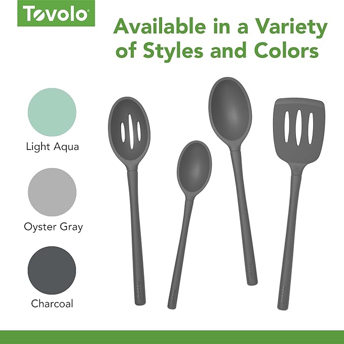 Tovolo Flex Core Silicone Slotted Deep Spoon for Cooking Mixing Baking, Dishwasher Safe BPA Free All Silicone Kitchen Spoon Utensil Heat Resistant Nonstick Safe Slotted Serving Spoon, Charcoal Gray