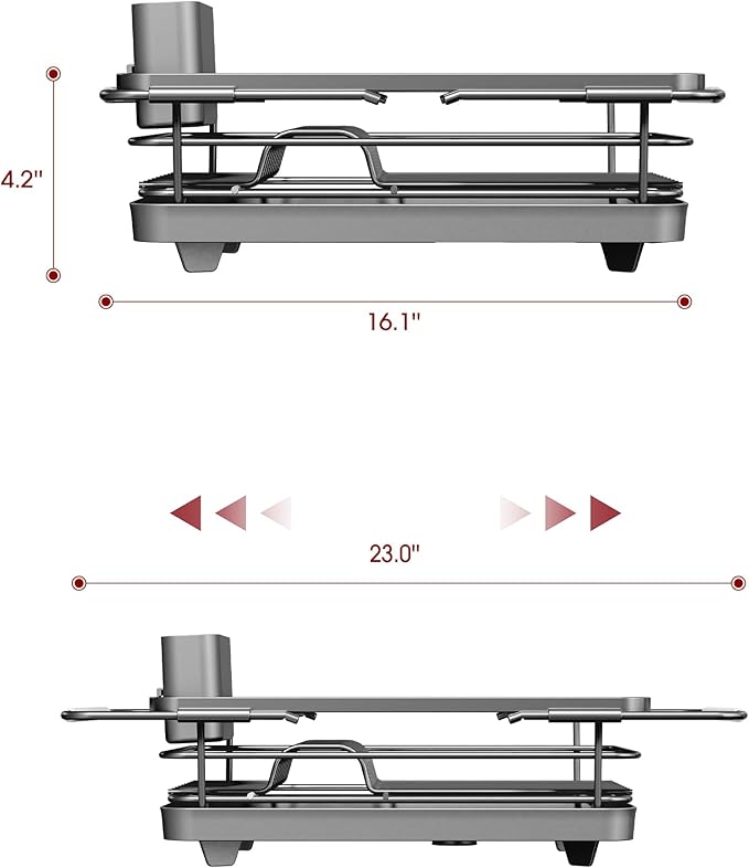 Sakugi Extendable Dish Drying Rack Over Sink with Dish Drainer, Sink Organization and Storage Essentials with Silverware & Utensil Holder, Home and Apartment Decor, 12" W x 16.1~23" L, Silver - Image 3
