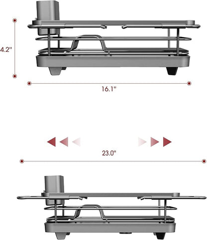 Sakugi Extendable Dish Drying Rack Over Sink with Dish Drainer, Sink Organization and Storage Essentials with Silverware & Utensil Holder, Home and Apartment Decor, 12" W x 16.1~23" L, Silver - Image 3