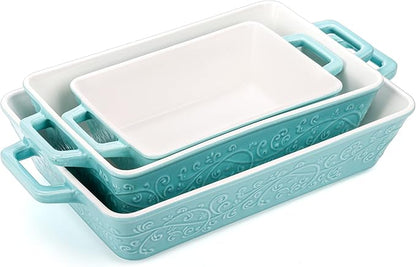 Okllen Set of 3 Casserole Dishes for Oven, Ceramic Baking Dishes with Handles, Rectangular Lasagna Pan Bakeware Set for Baking Cooking, Roasting, Broiling, Gratin, Wedding & Housewarming Gift, Blue - Image 4