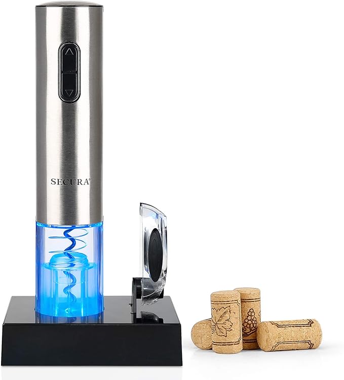 Secura Electric Wine Opener, Automatic Electric Wine Bottle Corkscrew Opener with Foil Cutter, Rechargeable (Stainless Steel) by Secura