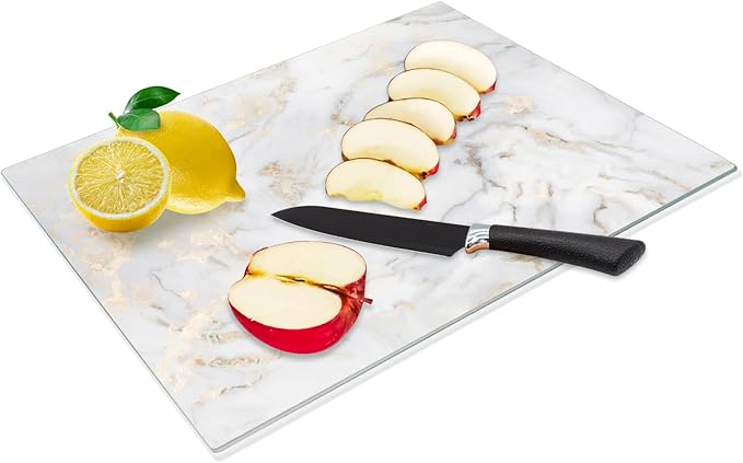JAMBALAY Tempered Glass Cutting Board for Kitchen, 16"x12" Gold Glass Cutting Board with Design, Marble Chopping Board with Non Slip Feet, Heat & Scratch Resistant, Dishwasher Safe