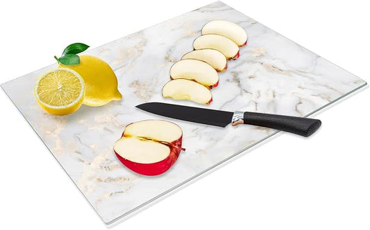 JAMBALAY Tempered Glass Cutting Board for Kitchen, 16"x12" Gold Glass Cutting Board with Design, Marble Chopping Board with Non Slip Feet, Heat & Scratch Resistant, Dishwasher Safe