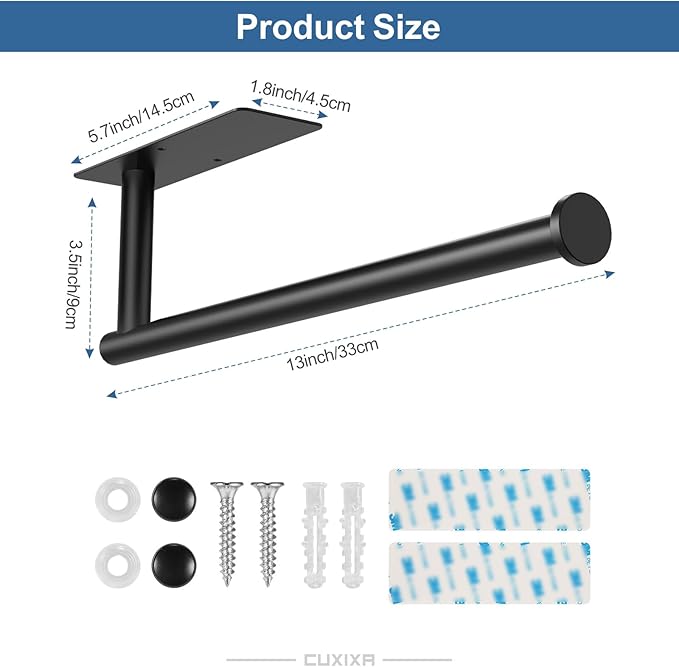 CUXIXA Paper Towel Holder Under Cabinet 2 Pack, Under Counter Paper Towel Holder Wall Mount with Self Adhesive and Screws for Kitchen, Bathroom, RV(Stainless Steel, Black) - Image 6
