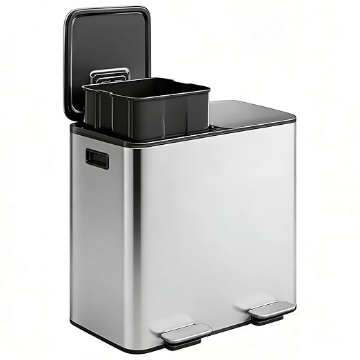GarveeHome 2 x 8 gal Stainless Steel Double Trash Can with Lid for Kitchen, Large Dual Trash and Recycle Bin Combo, Step-on Kitchen Metal Garbage Cans, PP Inner Buckets, Liner Rim by GarveeHome