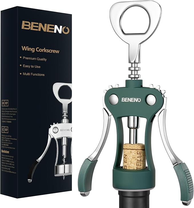 Beneno Wine Opener, Zinc Alloy Premium Wing Corkscrew with Multifunctional Bottles Opener, Sharp Wine Corkscrew with Ergonomic Non-Slip Wing Handle, Dark Green by Beneno