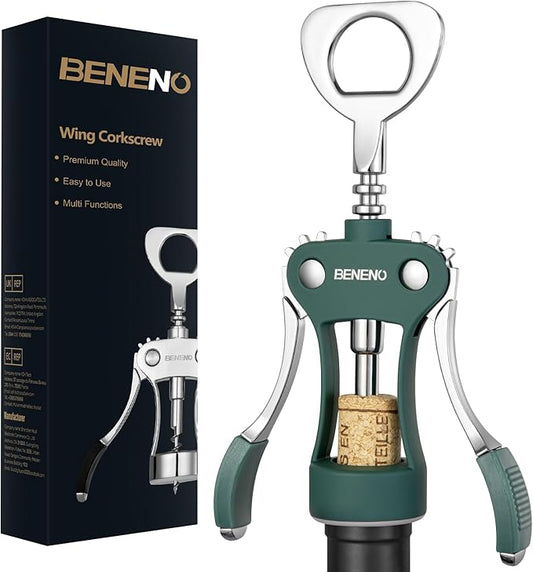 Beneno Wine Opener, Zinc Alloy Premium Wing Corkscrew with Multifunctional Bottles Opener, Sharp Wine Corkscrew with Ergonomic Non-Slip Wing Handle, Dark Green by Beneno