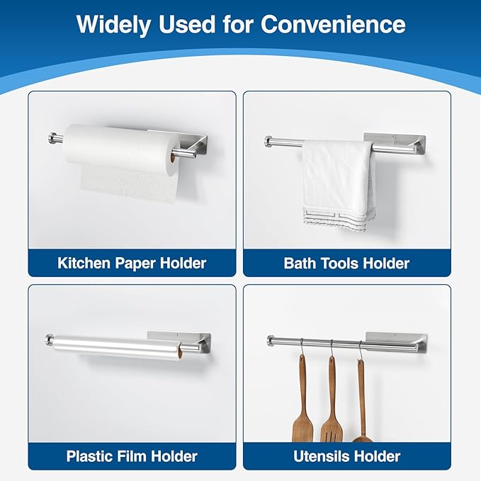 Paper Towel Holder - Self-Adhesive or Drilling, Brushed Nickel Wall Mounted Rack - SUS304 Stainless Steel Kitchen Roll Holder Under Cabinet (2 Pack) - Image 4