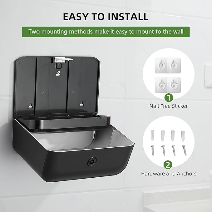 Wall Mount Paper Towel Dispensers, Modundry Multifold Paper Towel Dispenser with Smart Lock, Adhesive No Drilling Install, Hand Towel Holder for Home Bathroom,Restroom, Office (Black)