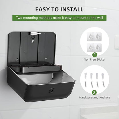 Wall Mount Paper Towel Dispensers, Modundry Multifold Paper Towel Dispenser with Smart Lock, Adhesive No Drilling Install, Hand Towel Holder for Home Bathroom,Restroom, Office (Black)