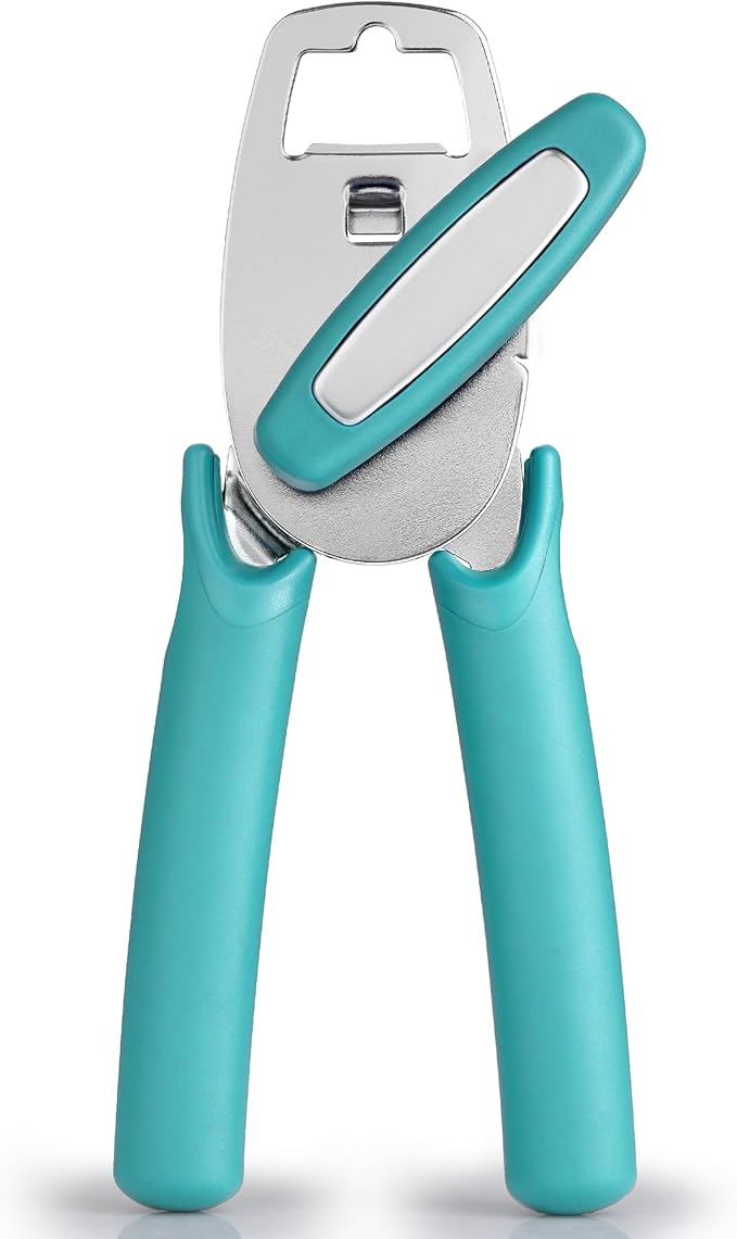 Zulay Kitchen Heavy Duty Stainless Steel Manual Can Opener – Ergonomic Soft Grip Handles, Smooth Edge Cutting Wheel & Large Built In Bottle Opener – Easy Turn Knob for Effortless Use - Aqua by ZulayKitchen