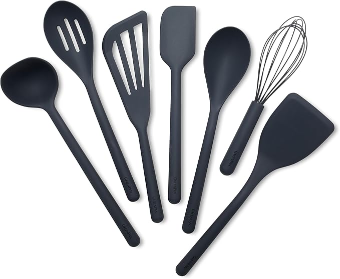 GreenPan Silicone 7 Piece Cooking Utensil Set, Ladle, Turners, Spatula, Spoons, Whisk, Flexible Nonstick Kitchen Tools Rigid Steel Core, Heat-Resistant, Anti-Slip Handle BPA-Free Dishwasher Safe, Gray by GreenPan