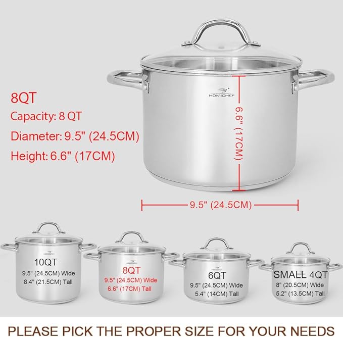 HOMICHEF Stock Pot 8 Quart with Lid Nickel Free Stainless Steel - Mirror Polished Stockpot 8 QT with Lid - HEALTHY COOKWARE Stockpots 8 Quart - Soup Pot for Induction Cooktop - Image 4
