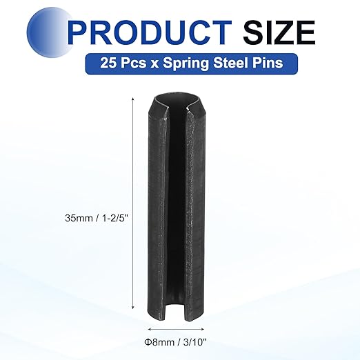 MECCANIXITY 25Pcs Slotted Split Roll Pins 3/10 Inch(8mm) Dia. 1-2/5 Inch(35mm) Length 65Mn Steel Spring Tension Expansion Dowels for Secure Fastening, Black