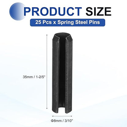 MECCANIXITY 25Pcs Slotted Split Roll Pins 3/10 Inch(8mm) Dia. 1-2/5 Inch(35mm) Length 65Mn Steel Spring Tension Expansion Dowels for Secure Fastening, Black