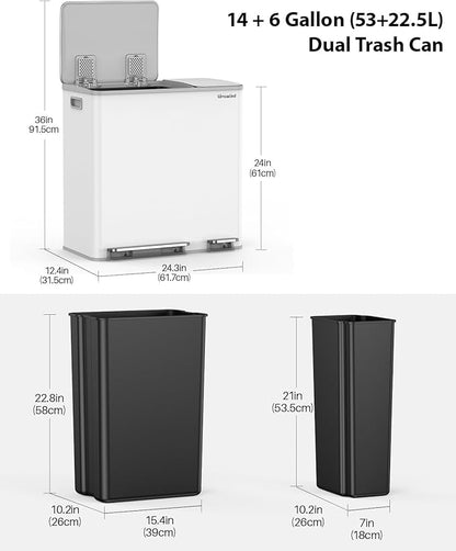 Lovewind Dual Trash Can, 14 + 6 Gallon Garbage Can for Kitchen Dual Compartment Recycling Kitchen Step Trash Bin, Stainless Steel Trash and Recycle Bin Combo with Soft-Close Lid, White - Image 6