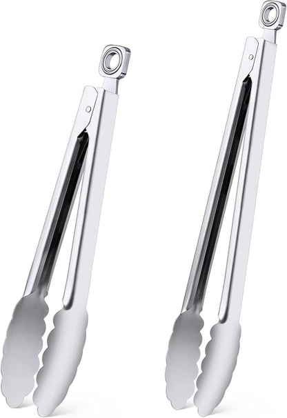 Kitchen Tongs for Cooking - 9 Inch & 12 Inch Heat Resistant Stainless Steel Metal Locking Tong, BBQ Tongs Grill Tong for Cooking, Grilling, BBQ/Barbecue, Food (All Metal - 9"+12")