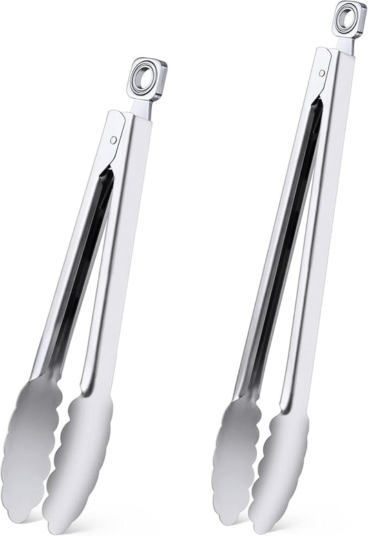 Kitchen Tongs for Cooking - 9 Inch & 12 Inch Heat Resistant Stainless Steel Metal Locking Tong, BBQ Tongs Grill Tong for Cooking, Grilling, BBQ/Barbecue, Food (All Metal - 9"+12")