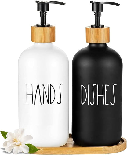 Arktek Glass Soap Dispenser Set with Tray, 2 Pack Hand and Dish Soap Dispenser Set for Bathroom and Kitchen Bottle Dispenser with Dish Soap, Hand Soap, Lotion 17 Oz (Black & White) by ARKTEK