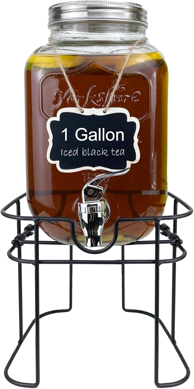 1 Gallon Glass Drink Dispenser for Parties, 1PCS Juice Lemonade Ice Tea Water Dispenser with Stand, HENABLE Beverage Dispensers with Spigot for BBQ, Picnic, Party by HENABLE