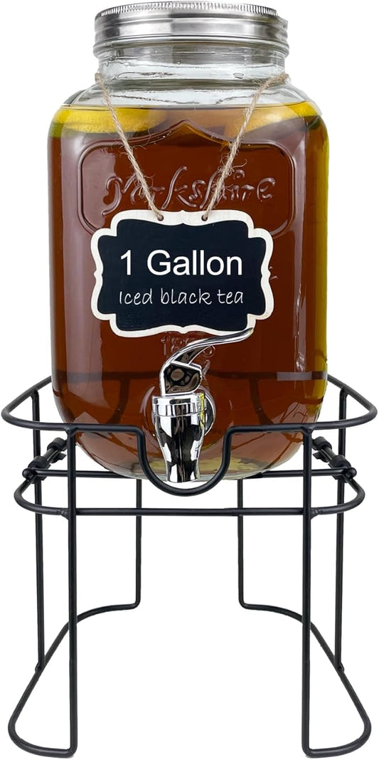 1 Gallon Glass Drink Dispenser for Parties, 1PCS Juice Lemonade Ice Tea Water Dispenser with Stand, HENABLE Beverage Dispensers with Spigot for BBQ, Picnic, Party by HENABLE