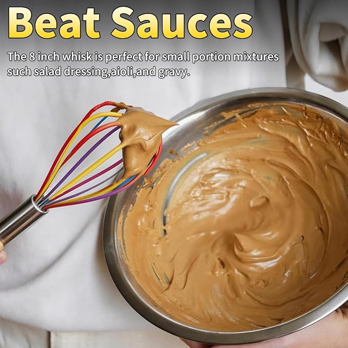 Silicone Whisk Set,Stainless Steel Handle Whisk 8" 10" 12" Rubber Whisks Cooking Non Scratch High Heat Resistant,Balloon Egg Beater for Whisking,Beating,Blending Ingredients,Mixing Sauces,Rainbow - Image 3