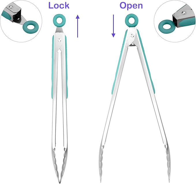 304 Stainless Steel Kitchen Cooking Tongs, 12" and 14" Set of 2 Sturdy Grilling Barbeque Brushed Locking Food Tongs with Ergonomic Grip, Aqua Sky - Image 3