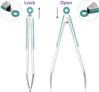 304 Stainless Steel Kitchen Cooking Tongs, 12" and 14" Set of 2 Sturdy Grilling Barbeque Brushed Locking Food Tongs with Ergonomic Grip, Aqua Sky - Image 3