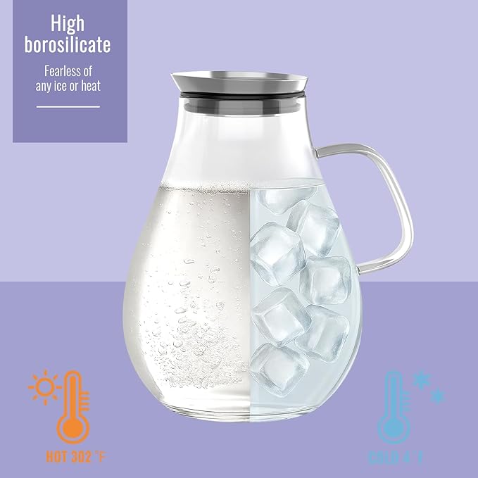 Glass Pitcher With Lid, 2.5 Liter 85 oz Glass Water Pitcher For Fridge, 0.66 Gallon Pitchers With Handle And Lid, Tea Jug Carafe Jar For Hot/Iced Water Milk Juice Coffee Fruit - Image 5