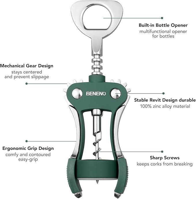Beneno Wine Opener, Zinc Alloy Premium Wing Corkscrew with Multifunctional Bottles Opener, Sharp Wine Corkscrew with Ergonomic Non-Slip Wing Handle, Dark Green - Image 2
