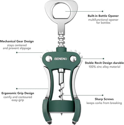 Beneno Wine Opener, Zinc Alloy Premium Wing Corkscrew with Multifunctional Bottles Opener, Sharp Wine Corkscrew with Ergonomic Non-Slip Wing Handle, Dark Green - Image 2