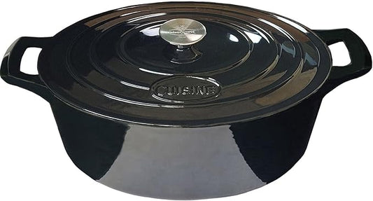 La Cuisine Enameled Cast Iron Oval Dutch Oven Casserole 6.75 QT 33x25x16cm Matt Black Enamel Coating Interior, Glossy Black Exterior, Oven Safe, Induction Cooktop Compatible