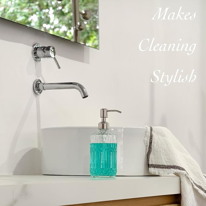 JASAI 18 Oz Embossed Clear Glass Soap Dispenser with Rust Proof Pump, Refillable Dish soap Dispenser for Kitchen, Premium Bathroom Soap Dispenser for Hand soap, Lotion (Clear). - Image 3