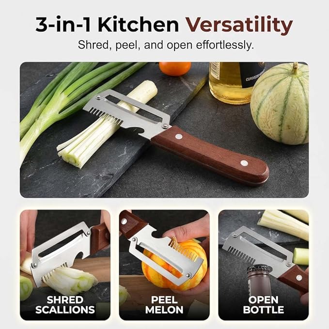 Multi-Functional Vegetable Peeler for Kitchen, Stainless Steel Blade with Wooden Handle and Bottle Opener, Scallion Shredder, Kitchen Tool for Fruit Veggie (2 PCS) - Image 3