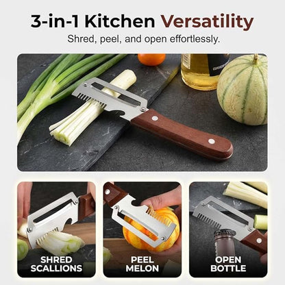 Multi-Functional Vegetable Peeler for Kitchen, Stainless Steel Blade with Wooden Handle and Bottle Opener, Scallion Shredder, Kitchen Tool for Fruit Veggie (1 PCS) - Image 3