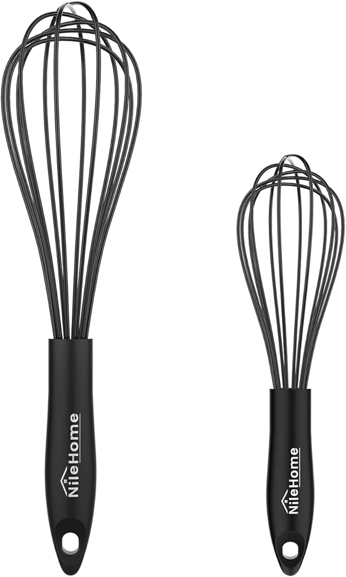NileHome Silicone Whisk Set 8" 10" Kitchen Whisk Kitchen Wisk Wire Whisks for Cooking, Whisking, Blending, Beating, Stirring-Black by NileHome