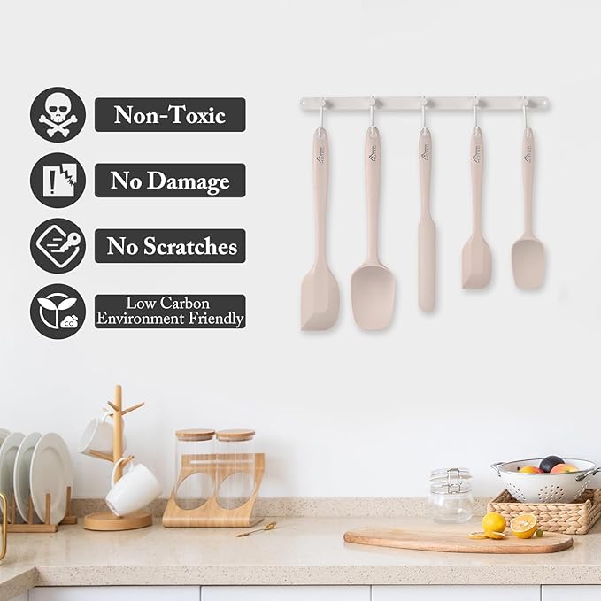 HOTEC 600℉ Heat Resistant BPA-Free Silicone Rubber Spatula Set,Kitchen Cooking Spatulas, Baking, Mixing for Non Stick Cookware, Dishwasher Safe, Set of 5, Khaki - Image 6