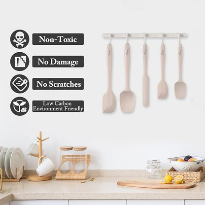 HOTEC 600℉ Heat Resistant BPA-Free Silicone Rubber Spatula Set,Kitchen Cooking Spatulas, Baking, Mixing for Non Stick Cookware, Dishwasher Safe, Set of 5, Khaki - Image 6
