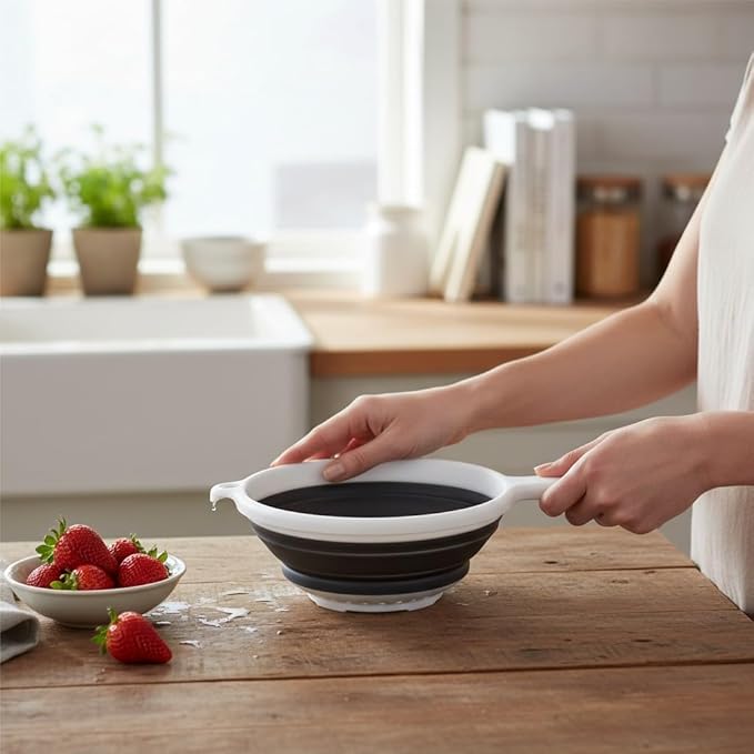 Handy Housewares 8" Round Space Saving Collapsible Silicone Kitchen Colander Food Strainer with Handle - White (1 Pack)